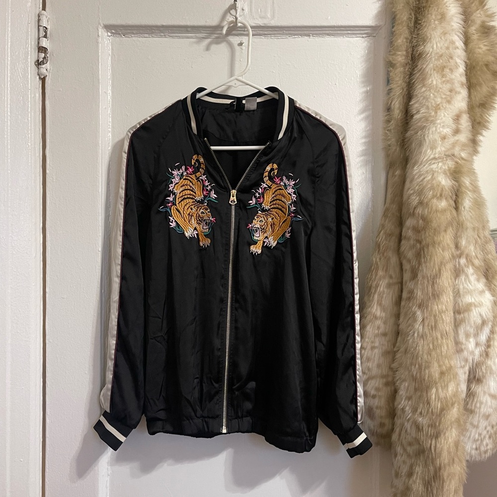 Black and White Track Jacket with Tiger Embroidery
